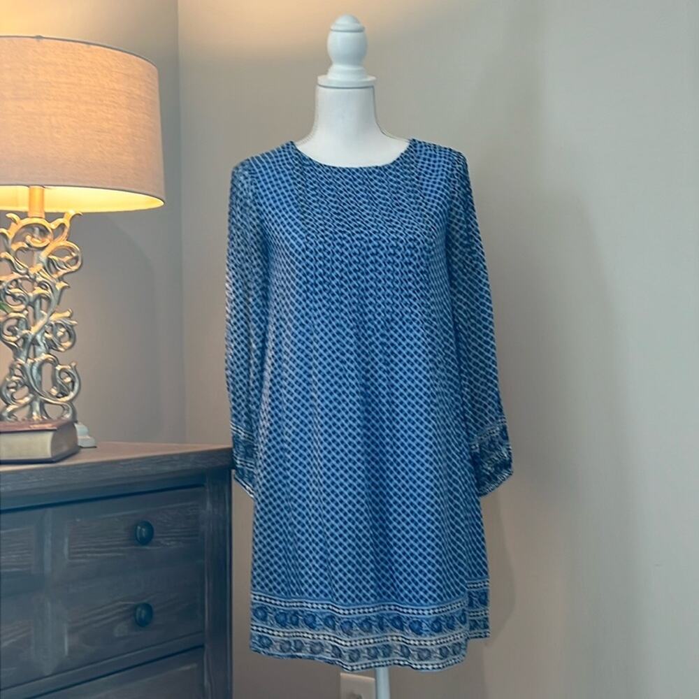 Vineyard Vines Printed Pintuck Swing Dress Deep Bay‎ Blue Size XXS Silk Blend